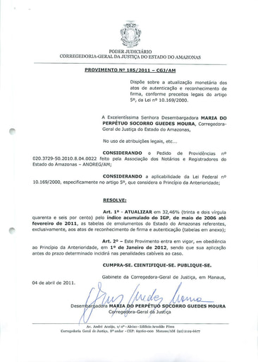 Provimento 185 - Dispõe sobre a atualização monetária dos atos de autenticação e reconhecimento de firma