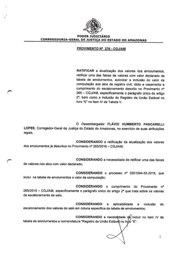 PROVIMENTO 276 - Ratifica a atualização dos valores dos emolumentos e retifica uma das faixas de valores