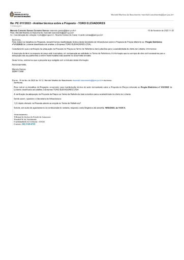 PREGÃO ELETRÔNICO Nº 011/2022 - DILIGÊNCIA COLIC À SEINF- PROPOSTA E CATÁLOGOS - TORO ELEVADORES