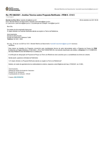 PREGÃO ELETRÔNICO Nº 46/2021 - DILIGÊNCIA COLIC À DIVISÃO DE PATRIMÔNIO - PROPOSTA RETIFICADA - ITEM 8 - ENC