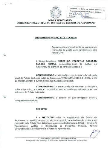Provimento 191 - Regulamenta o procedimento de remessa de Mandados de Prisão para cumprimento pela Polícia Civil
