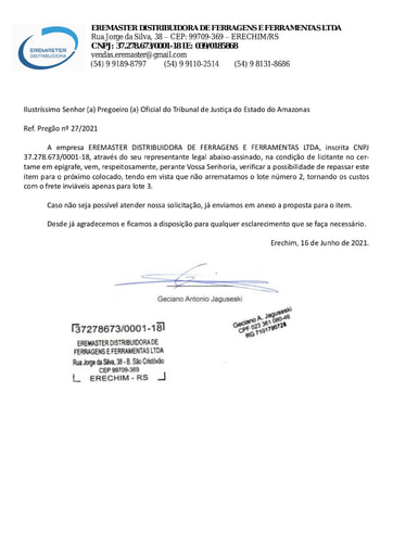 PREGÃO ELETRÔNICO Nº 027/2021 - PROPOSTA - ITEM 3 - EREMASTER