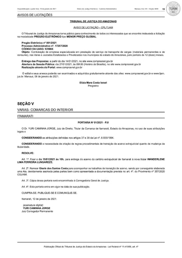 PREGÃO ELETRÔNICO Nº 001/2021 - AVISO DE LICITAÇÃO - DJE