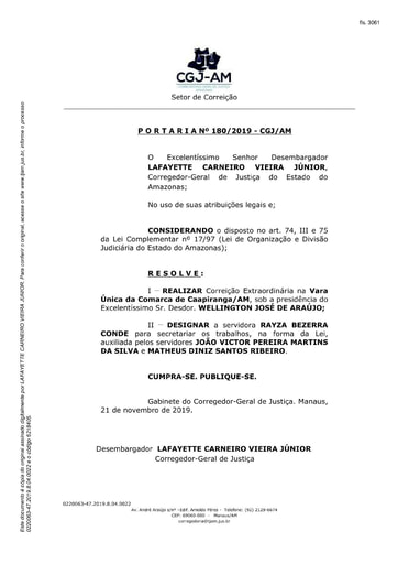 Portaria nº180/2019-CGJ/AM (Realizar Correição Extraordinária na Vara Única da Comarca de Caapiranga/AM)