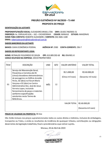 PREGÃO ELETRÔNICO Nº 004/2020 - PROPOSTA - ELEVADORES BRASIL
