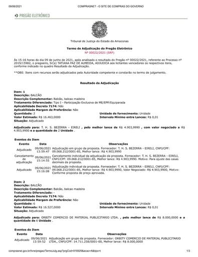 PREGÃO ELETRÔNICO Nº 022/2021 – TERMO DE AJUDICAÇÃO