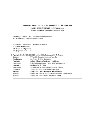 Pauta de Julgamento da Sessão Ordinária da Segunda Câmara Cível -  21.03.2022 (Videoconferência)