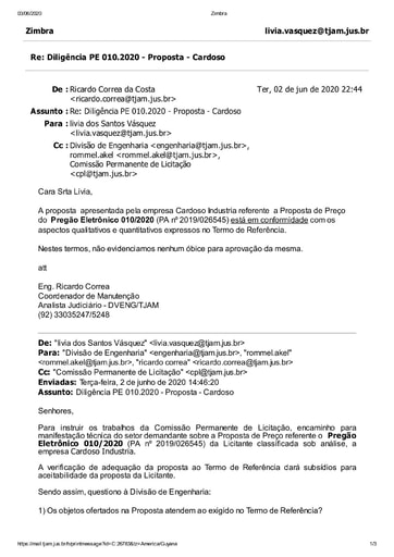 PREGÃO ELETRÔNICO Nº 010/2020 - DILIGÊNCIA CPL À DIVISÃO DE ENGENHARIA - PROPOSTA - CARDOSO INDUSTRIA