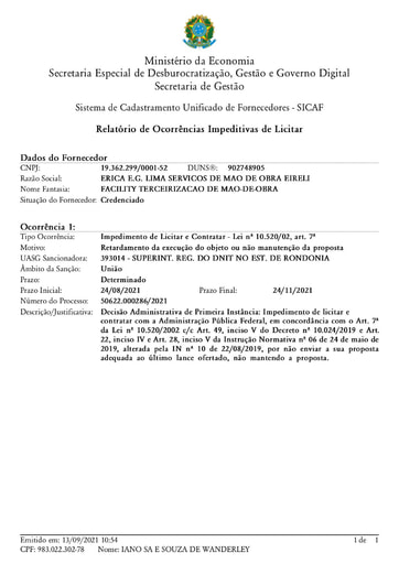 PREGÃO ELETRÔNICO Nº 024/2021 - IMPEDIMENTO - ERICA E.G.