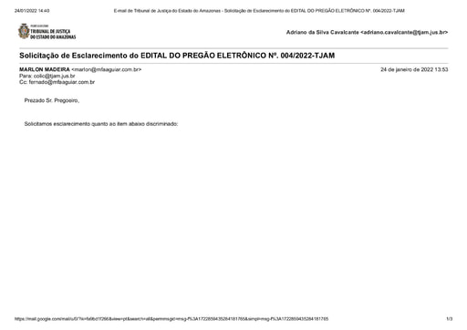PREGÃO ELETRÔNICO Nº 04/2022 - PEDIDO DE ESCLARECIMENTO - M.F.A