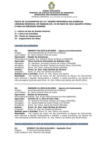 Pauta da Sessão de Julgamentos do dia 15.05.2024