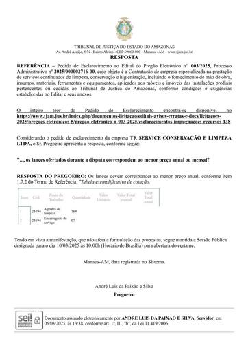 PREGÃO ELETRÔNICO Nº 003/2025 - RESPOSTA AO PEDIDO DE ESCLARECIMENTO - TR SERVICE