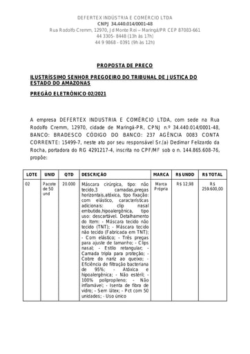 PREGÃO ELETRÔNICO Nº 002/2021 - PROPOSTA RETIFICADA - ITEM 1 - DEFERTEX INDUSTRIA