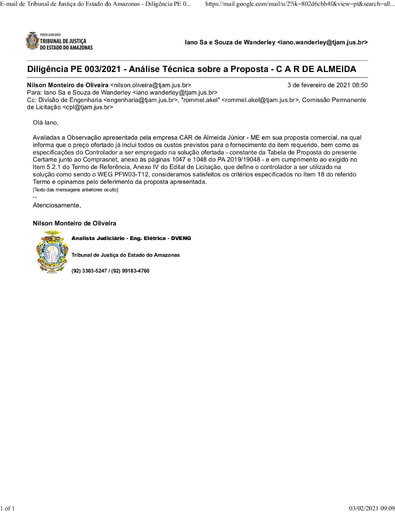 PREGÃO ELETRÔNICO Nº 003/2021 - DILIGÊNCIA CPL À DIVISÃO DE ENGENHARIA - PROPOSTA - C A R DE ALMEIDA