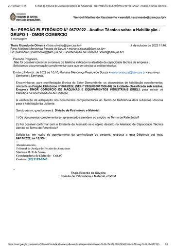 PREGÃO ELETRÔNICO Nº 067/2022 - DILIGÊNCIA COLIC À DIVISÃO DE PATRIMÔNIO - DOCUMENTAÇÃO - GRUPO 1 - DMGR