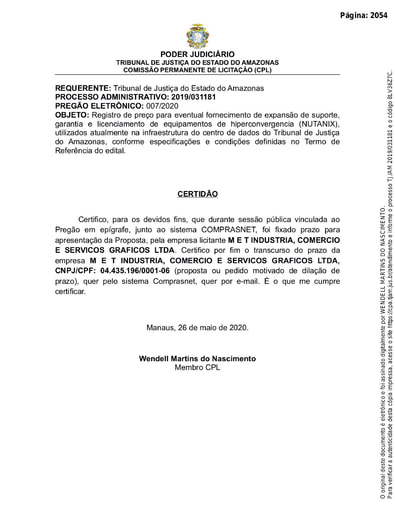 PREGÃO ELETRÔNICO Nº 007/2020 – CERTIDÃO DECURSO DE PRAZO - M E T INDUSTRIA