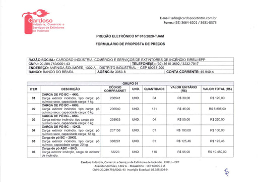 PREGÃO ELETRÔNICO Nº 010/2020 - PROPOSTA - CARDOSO INDUSTRIA