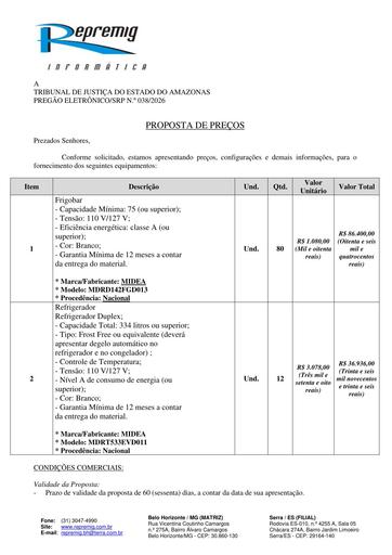 PREGÃO ELETRÔNICO Nº 038/2026 -  PROPOSTA - REPREMIG - G1