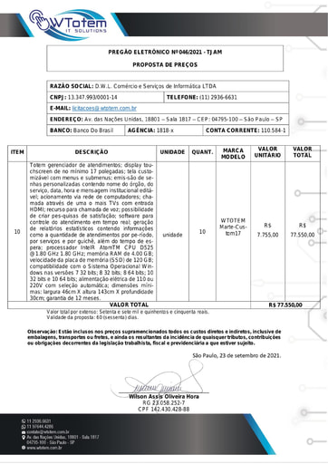 PREGÃO ELETRÔNICO Nº 46/2021 - PROPOSTA - ITEM 10 - DWL