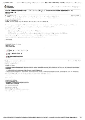 PREGÃO ELETRÔNICO Nº 039/2026 - DILIGÊNCIA COLIC À SETIC - PROPOSTA - APLEX DISTRIBUIDORA DE PRODUTOS DE TECNOLOGIA S.A