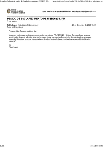 PREGÃO ELETRÔNICO Nº 028/2020 - PEDIDO DE ESCLARECIMENTO - FÁBIO LOPES