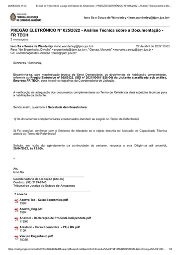 PREGÃO ELETRÔNICO Nº 025/2022 - DILIGÊNCIA COLIC À SECRETARIA DE INFRAESTRUTURA - HABILITAÇÃO - FR TECH