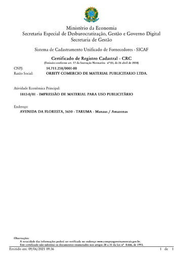 PREGÃO ELETRÔNICO Nº 022/2021 - HABILITAÇÃO -  SICAF E SITES - ORBITY