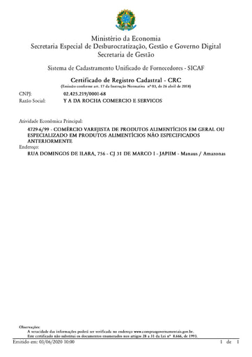 PREGÃO ELETRÔNICO Nº 009/2020 - HABILITAÇÃO - SICAF E CNDT - Y A DA ROCHA