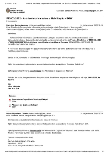 PREGÃO ELETRÔNICO Nº 003/2022 - DILIGÊNCIA COLIC À SECRETARIA DE TECNOLOGIA DA INFORMAÇÃO E COMUNICAÇÃO - DOCUMENTAÇÃO - SGW