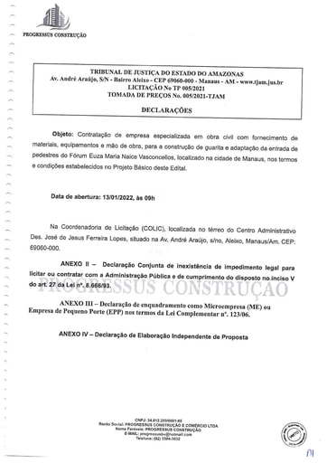 TOMADA DE PREÇOS Nº 005/2021 - DECLARAÇÕES -  PROGRESSUS