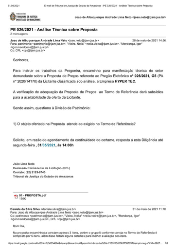 PREGÃO ELETRÔNICO Nº 026/2021 - DILIGÊNCIA CPL À DIVISÃO DE PATRIMÔNIO - PROPOSTA - G5 - HYPER TECH