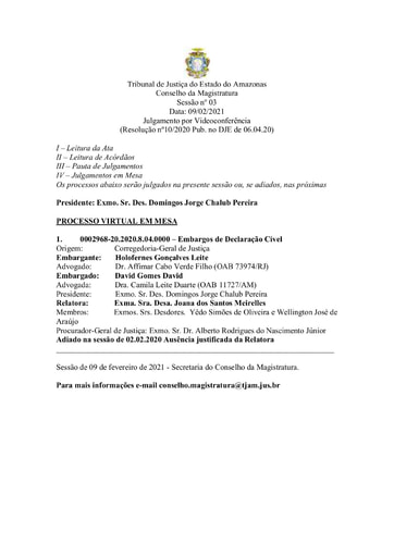 Pauta de Julgamento do Conselho da Magistratura para o dia  09.02.2021