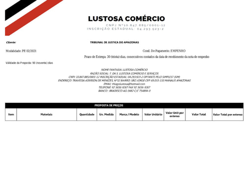 PREGÃO ELETRÔNICO Nº 002/2021 - PROPOSTA  - ITEM 2 - T DA S LUSTOSA