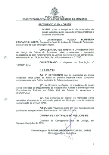 PROVIMENTO 254 - Dispõe sobre o cumprimento de mandados de prisão expedidos pelos juízos de primeira instância