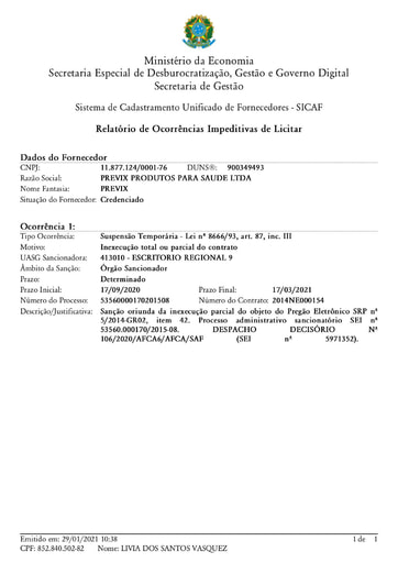PREGÃO ELETRÔNICO Nº 002/2021 - SUSPENSÃO - PREVIX - ITENS 1 E 7