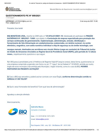 PREGÃO ELETRÔNICO Nº 009/2021 – PEDIDO DE ESCLARECIMENTO - BIQ BENEFÍCIOS
