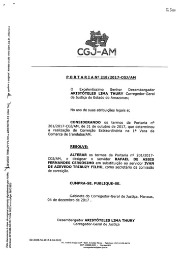 Portaria nº218/2017-CGJ/AM (Altera os termos da Portaria nº 201/2017-CGJ/AM para designar o servidor Rafael de Assis Fernandes Cersósimo em substituição ao servidor Ivan de Azevedo Tribuzy Filho)