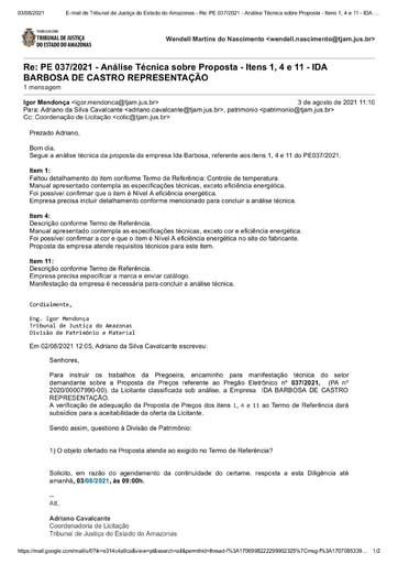 PREGÃO ELETRÔNICO Nº 037/2021 – DILIGÊNCIA CPL À DIVISÃO DE PATRIMÔNIO - ITENS 1, 4 E 11 - IDA BARBOSA﻿