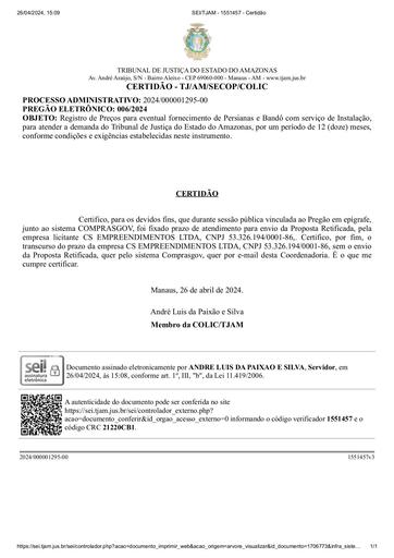 PREGÃO ELETRÔNICO Nº 006/2024 - CERTIDÃO - DECURSO DE PRAZO - CS EMPREENDIMENTOS
