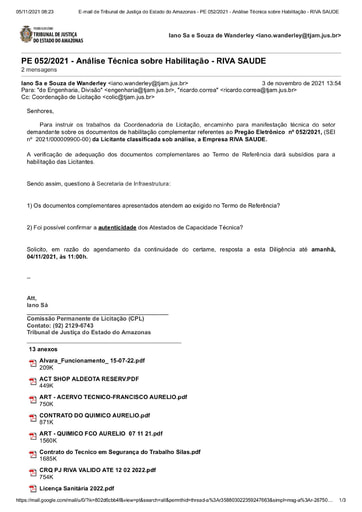 PREGÃO ELETRÔNICO Nº 52/2021 - E-MAIL DILIGÊNCIA - HABILITAÇÃO - RIVA SAUDE