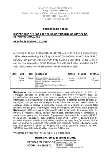 PREGÃO ELETRÔNICO Nº 002/2021 - PROPOSTA - ITEM 1 - DEFERTEX INDUSTRIA