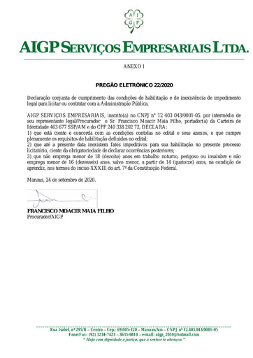 PREGÃO ELETRÔNICO Nº 022/2020 - HABILITAÇÃO - DOC. COMPLEMENTAR - AIGP