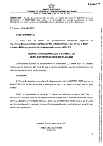 PREGÃO ELETRÔNICO Nº 028/2020 - RESPOSTA AO PEDIDO DE ESCLARECIMENTO - LUZANIRA REIS
