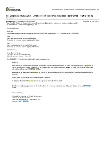 PREGÃO ELETRÔNICO Nº 023/2021 – DILIGÊNCIA CPL À DIVISÃO DE PATRIMÔNIO - PROPOSTA - BUD CRUZ - ITENS 72 e 73