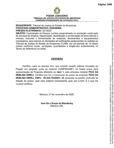 PREGÃO ELETRÔNICO Nº 027/2020 - CERTIDÃO DECURSO DE PRAZO ITEM 1 - PICO DA NEBLINA