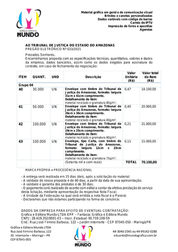 PREGÃO ELETRÔNICO Nº 023/2021 – PROPOSTA - GRAFICA E EDITORA MUNDO - GRUPO 4