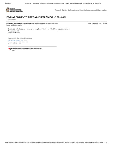 PREGÃO ELETRÔNICO Nº 009/2021 - PEDIDO DE ESCLARECIMENTO - CARVALHO LICITAÇÕES