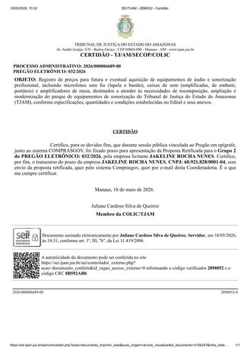 PREGÃO ELETRÔNICO Nº 032/2026 - CERTIDÃO DE DECURSO DE PRAZO - PROPOSTA - GRUPO 2 - JAKELINE ROCHA NUNES