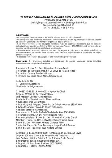 7a Sessão Ordinária da Terceira Câmara Cível - VIA VIDEOCONFERÊNCIA - Data: 13.03.2023 Hora: 09:00 Horas