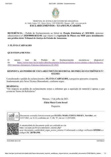 PREGÃO ELETRÔNICO Nº 032/2021 - RESPOSTA AO PEDIDO DE ESCLARECIMENTO - FLÁVIA CARVALHO
